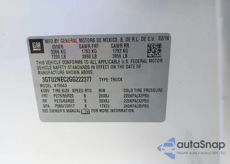 2016 GMC Sierra 1500 Slt z USA, uszkodzony, nr VIN 3GTU2NEC2GG222377